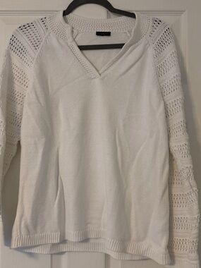 Talbots Cream Open-Stitch Sleeve V-Neck Sweater